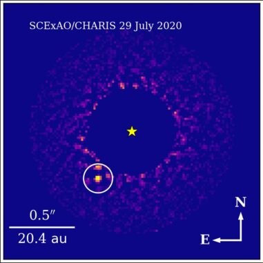 Der neu entdeckte Exoplanet HIP 99770 b (Kreis) am 29. Juli 2020, aufgenommen mit dem Subaru Telescope. (Credits: T. Currie / Subaru Telescope, UTSA)