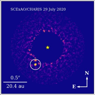 Der neu entdeckte Exoplanet HIP 99770 b (Kreis) am 29. Juli 2020, aufgenommen mit dem Subaru Telescope. (Credits: T. Currie / Subaru Telescope, UTSA) Der neu entdeckte Exoplanet HIP 99770 b (Kreis) am 29. Juli 2020, aufgenommen mit dem Subaru Telescope. (Credits: T. Currie / Subaru Telescope, UTSA)