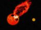 Illustration des beobachteten Superflares auf einem der beiden Sterne im Doppelsternsystem V1355 Orionis. Der Begleitstern ist rechts im Hintergrund zu sehen. (Credit: NAOJ)