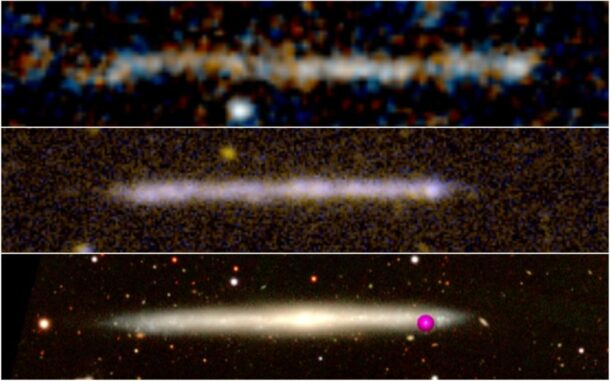 Oben: Ein Hubble-Bild des rätselhaften Objekts in ultravioletten Wellenlängen. Mitte: Ultraviolettbild der lokalen Galaxie IC 5249 ohne Bulge in Seitenansicht. Unten: Dieselbe Galaxie IC 5249 in sichtbaren Wellenlängen. Die räumlichen Skalen aller drei Bilder sind gleich. (Credits: Hubble Space Telescope)
