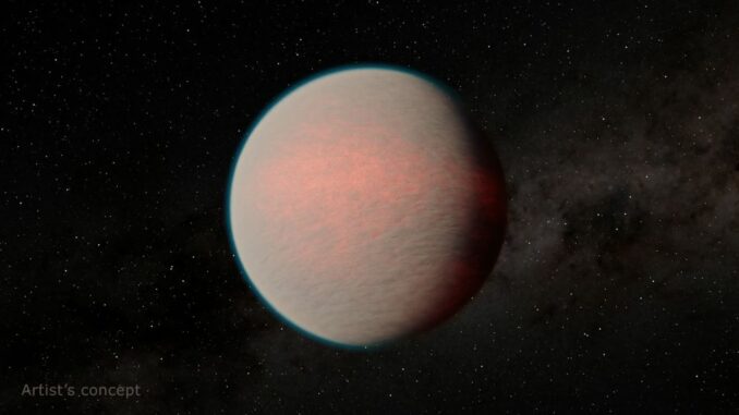 Künstlerische Darstellung des Planeten GJ 1214 b, einem Mini-Neptun, der wahrscheinlich in eine dampfhaltige, dunstige Atmosphäre eingehüllt ist. (Credits: NASA / JPL-Caltech / R. Hurt (IPAC))