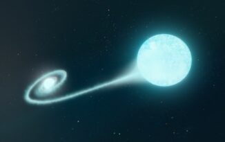 Künstlerische Darstellung des Doppelsternsystems mit einem kompakten Weißen Zwerg, der Materie von einem heliumreichen Begleitstern abzieht. (Credit: Adam Makarenko / W. M. Keck Observatory)
