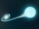 Künstlerische Darstellung des Doppelsternsystems mit einem kompakten Weißen Zwerg, der Materie von einem heliumreichen Begleitstern abzieht. (Credit: Adam Makarenko / W. M. Keck Observatory)