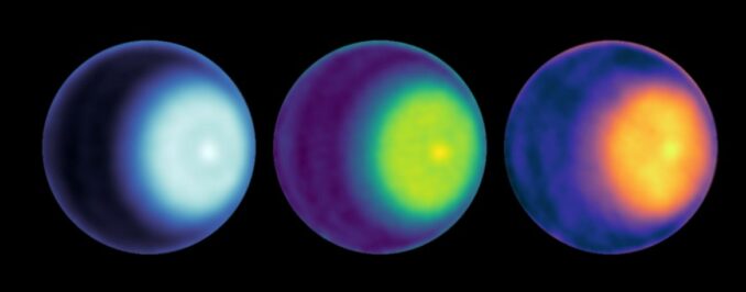 Der Polarzyklon auf Uranus in verschiedenen Wellenlängen. (Credits: NASA / JPL-Caltech / VLA)