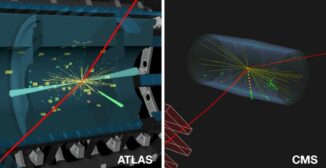 Kandidatenereignisse von ATLAS (links) und CMS (rechts) für den Zerfall eines Higgs-Bosons in ein Z-Boson und ein Photon, wobei das Z-Boson in ein Myonenpaar zerfällt. (Credits: Image: CERN)
