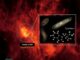Illustration von Tryptophan-Molekülen im Perseus-Molekülkomplex. (Credits: Jorge Rebolo-Iglesias. Background image: NASA / Spitzer Space Telescope)