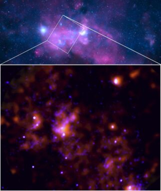 Beobachtungen von Sagittarius A*. Unten: IXPE-Daten (orange) und Chandra-Daten (blau). Oben: Ein wesentlich größeres Blickfeld mit dem Zentrum der Milchstraßen-Galaxie, wo Sagittarius A* liegt. (Credits: IXPE: NASA / MSFC / F. Marin et al; Chandra: NASA / CXC / SAO; Image Processing: L.Frattare, J.Major & K.Arcand) Beobachtungen von Sagittarius A*. Unten: IXPE-Daten (orange) und Chandra-Daten (blau). Oben: Ein wesentlich größeres Blickfeld mit dem Zentrum der Milchstraßen-Galaxie, wo Sagittarius A* liegt. (Credits: IXPE: NASA / MSFC / F. Marin et al; Chandra: NASA / CXC / SAO; Image Processing: L.Frattare, J.Major & K.Arcand)