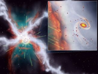 Illustration der Schockwelle einer Supernova, die mit dem Filament kollidiert, in dem die Sonne entsteht. (Credit: NAOJ)