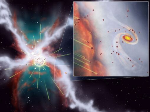 Illustration der Schockwelle einer Supernova, die mit dem Filament kollidiert, in dem die Sonne entsteht. (Credit: NAOJ) Illustration der Schockwelle einer Supernova, die mit dem Filament kollidiert, in dem die Sonne entsteht. (Credit: NAOJ)