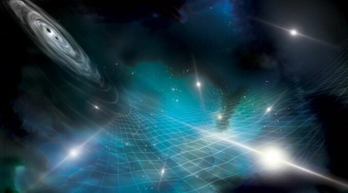 Illustration von Sternen, Schwarzen Löchern und Nebeln über einem Netz, das das Gefüge der Raumzeit darstellen soll. Störungen in diesem Raumzeitgefüge werden als Gravitationswellen bezeichnet. (Credit: NANOGrav collaboration; Aurore Simonet) Illustration von Sternen, Schwarzen Löchern und Nebeln über einem Netz, das das Gefüge der Raumzeit darstellen soll. Störungen in diesem Raumzeitgefüge werden als Gravitationswellen bezeichnet. (Credit: NANOGrav collaboration; Aurore Simonet)