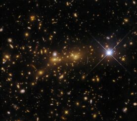 Hubble-Aufnahme des Galaxienhaufens eMACS J1353.7+4329, der als Gravitationslinse agiert. (Credits: ESA / Hubble & NASA, H. Ebeling)