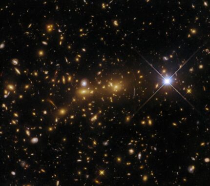 Hubble-Aufnahme des Galaxienhaufens eMACS J1353.7+4329, der als Gravitationslinse agiert. (Credits: ESA / Hubble & NASA, H. Ebeling) Hubble-Aufnahme des Galaxienhaufens eMACS J1353.7+4329, der als Gravitationslinse agiert. (Credits: ESA / Hubble & NASA, H. Ebeling)