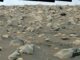 Mosaik aus Aufnahmen der Mastcam-Z-Kamera vom 6. Juli 2023. Die Roverspuren in der Mitte vermitteln die Größenverhältnisse der Steine. (Credits: NASA / JPL-Caltech / ASU / MSSS)
