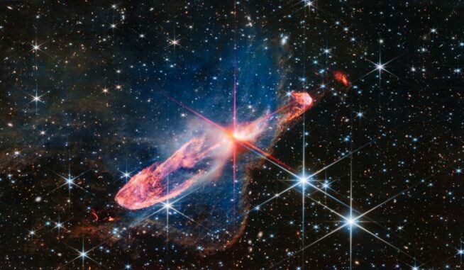 Herbig-Haro 46/47, aufgenommen vom James Webb Space Telescope. (Credits: Image: NASA, ESA, CSA. Image Processing: Joseph DePasquale (STScI))