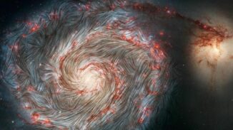 Magnetfelder in der Whirlpool-Galaxie M51, basierend auf Daten des Stratospheric Observatory for Infrared Astronomy (SOFIA) auf einem optischen Bild des Hubble-Teleskops. (Credit: NASA, SOFIA, HAWC+, Alejandro S. Borlaff; JPL-Caltech, ESA, Hubble))