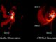 Gasverteilung um das Dreifachsystem IRAS 04239+2436, basierend auf ALMA-Beobachtungen (links) und numerischen Simulationen (rechts). (Credit: ALMA (ESO / NAOJ / NRAO), J.-E. Lee et al.)