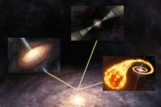 Schematische Darstellung der Studie: Signale von Supernovae (unten rechts), Quasaren (Mitte links) und Gammablitzen (Mitte oben) erreichen die Erde in der Milchstraßen-Galaxie (Hintergrund), wo wir die Daten nutzen können, um kosmologische Parameter zu messen. (Credit: NAOJ)