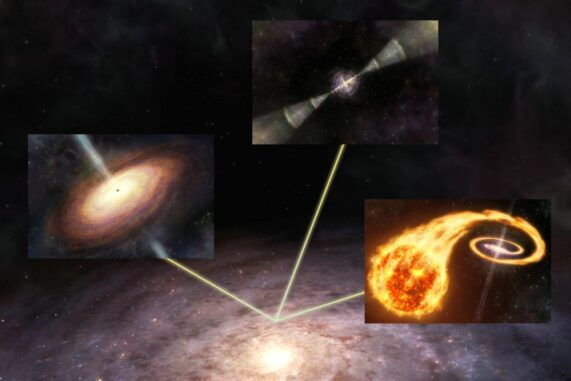 Schematische Darstellung der Studie: Signale von Supernovae (unten rechts), Quasaren (Mitte links) und Gammablitzen (Mitte oben) erreichen die Erde in der Milchstraßen-Galaxie (Hintergrund), wo wir die Daten nutzen können, um kosmologische Parameter zu messen. (Credit: NAOJ) Schematische Darstellung der Studie: Signale von Supernovae (unten rechts), Quasaren (Mitte links) und Gammablitzen (Mitte oben) erreichen die Erde in der Milchstraßen-Galaxie (Hintergrund), wo wir die Daten nutzen können, um kosmologische Parameter zu messen. (Credit: NAOJ)