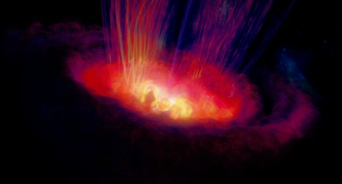 Künstlerische Darstellung eines T-Tauri-Sterns mit einem Zentralstern und einer protoplanetaren Scheibe. (Credits: INAF-OAPa / S. Orlando / <a href='https://ras.ac.uk/licence/attribution-cc-40' target='_blank' rel="noopener">CC BY 4.0</a>) Künstlerische Darstellung eines T-Tauri-Sterns mit einem Zentralstern und einer protoplanetaren Scheibe. (Credits: INAF-OAPa / S. Orlando / CC BY 4.0)