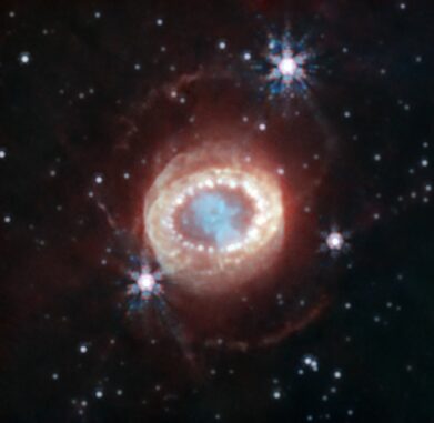 Webb-Aufnahme des Supernova-Überrests SN 1987A. (Credits: NASA, ESA, CSA, M. Matsuura (Cardiff University), R. Arendt (NASA’s Goddard Spaceflight Center & University of Maryland, Baltimore County), C. Fransson)