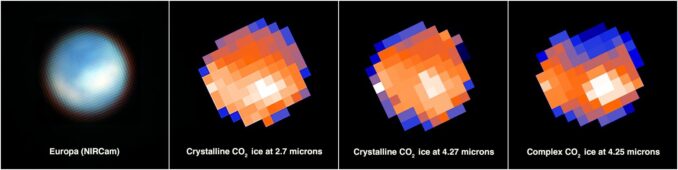 NIRCam-Aufnahme von Europa (links) und visualisierte Daten des NIRSpec-Spectrografen. (Credits: Science Credit: Geronimo Villanueva (NASA / GSFC), Samantha Trumbo (Cornell Univ.), NASA, ESA, CSA. Image Processing Credit: Geronimo Villanueva (NASA / GSFC), Alyssa Pagan (STScI))