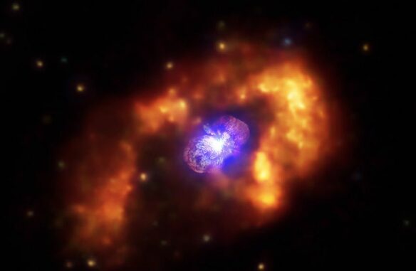 Kompositbild von Eta Carinae. (Credits: X-ray: NASA / SAO / GSFC / M. Corcoran et al; HST: NASA / ESA / STScI; Image Processing: NASA / CXC / SAO / L. Frattare, J. Major, N. Wolk) Kompositbild von Eta Carinae. (Credits: X-ray: NASA / SAO / GSFC / M. Corcoran et al; HST: NASA / ESA / STScI; Image Processing: NASA / CXC / SAO / L. Frattare, J. Major, N. Wolk)