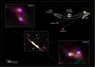 Die Abbilder der beiden verschmelzenden Galaxien (A und B). (Credit: KyotoU / Yoshi Asada)