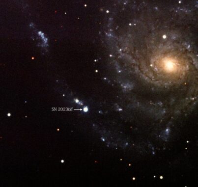 Die Supernova SN 2023ixf in ihrer Heimatgalaxie Messier 101. (Credits: Image by Yunnan Observatories) Die Supernova SN 2023ixf in ihrer Heimatgalaxie Messier 101. (Credits: Image by Yunnan Observatories)