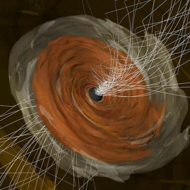 Visualisierung von spiralförmig verlaufenden Magnetfeldern in M87. (Credits: George Wong (IAS))