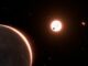 Illustration des nahen Exoplaneten LTT 1445Ac vor seinem Stern, der Teil eines Dreifachsystems ist. (Credits: NASA, ESA, L. Hustak (STScI))