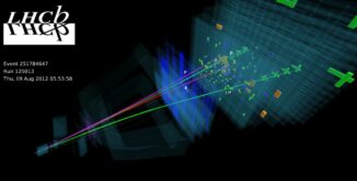 Darstellung eines im Jahr 2012 während des LHC Run 1 aufgezeichneten Ereignisses. (Credits: Image: LHCb collaboration)