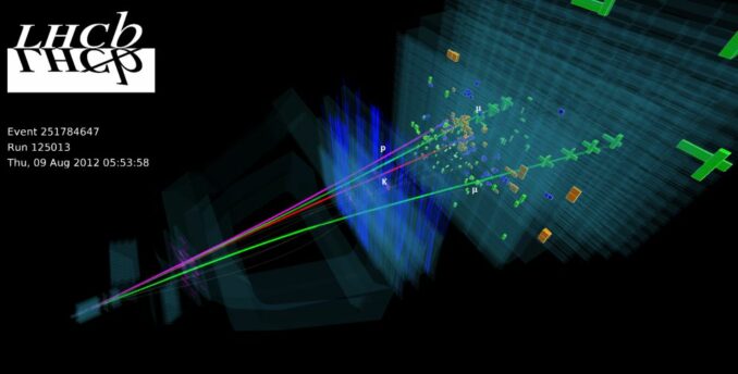 Darstellung eines im Jahr 2012 während des LHC Run 1 aufgezeichneten Ereignisses. (Credits: Image: LHCb collaboration) Darstellung eines im Jahr 2012 während des LHC Run 1 aufgezeichneten Ereignisses. (Credits: Image: LHCb collaboration)
