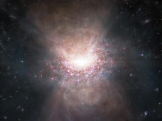 Künstlerische Darstellung von abströmendem molekularen Gas in der Galaxie mit dem Quasar J2054-0005. (Credits: ALMA (ESO / NAOJ / NRAO))