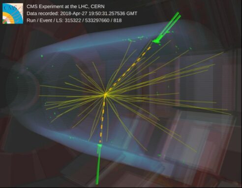 Darstellung zweier gebündelter Lichtstrahlen. (Credits: Image: CMS collaboration)