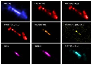 Auszüge des ALCHEMI-Atlas von NGC 253. Die verschiedenen Farben stellen die Verteilung der molekularen Gase (Blau), Schockwellenregionen (Rot), relativ dichter Regionen (Orange), junger Starbursts (Gelb), entwickelter Starbursts (Magenta) und durch kosmische Strahlen ionisiertes Gas (Cyan) dar. (Credit: ALMA (ESO / NAOJ / NRAO), N. Harada et al.)
