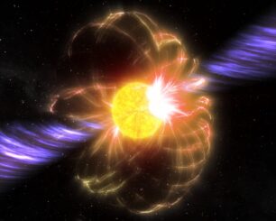 Künstlerische Darstellung eines Magnetars mit Magnetfeld und gewaltigen Jets. (Credits: CSIRO)
