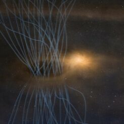 Künstlerische Darstellung eines "Niesers" aus magnetischen Feldlinien, Staub und Gas von einem jungen Stern. (Credit: ALMA (ESO / NAOJ / NRAO))