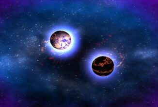 Illustration zweier Neutronensterne kurz vor der Kollision. (Credits: NASA's Goddard Space Flight Center)