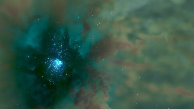 Simulation der Entstehung eines Kugelsternhaufens. Blauweiße Einzelsterne sind erkennbar. Die Wolke um sie herum besteht aus interstellarem Gas. (Credit: Michiko Fujii and Takaaki Takeda. 2024) Simulation der Entstehung eines Kugelsternhaufens. Blauweiße Einzelsterne sind erkennbar. Die Wolke um sie herum besteht aus interstellarem Gas. (Credit: Michiko Fujii and Takaaki Takeda. 2024)