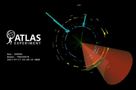 Diese Grafik zeigt ein Kandidatenereignis für die Di-Higgs-Produktion im Jahr 2017. (Credits: ATLAS collaboration / CERN) Diese Grafik zeigt ein Kandidatenereignis für die Di-Higgs-Produktion im Jahr 2017. (Credits: ATLAS collaboration / CERN)