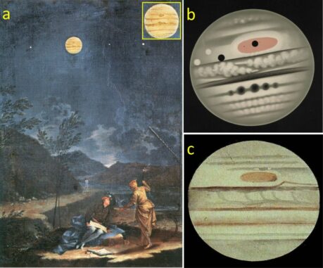 Ein Gemälde von Donato Creti aus dem Jahr 1711 (A) und zwei Zeichnungen aus dem späten 18. Jahrhundert (B und C) mit dem Großen Roten Fleck auf Jupiter. (Credit: Donato Creti (A), Trouvelot (B) and Elger (C))