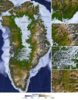 Neue Kartierung der Täler unter dem Grönländischen Eisschild. (Credits: NASA Earth Observatory / Lauren Dauphin, based on data from Chartrand et al. Neue Kartierung der Täler unter dem Grönländischen Eisschild. (Credits: NASA Earth Observatory / Lauren Dauphin, based on data from Chartrand et al.