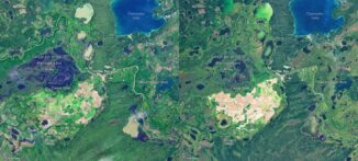 Landwirtschaftlich genutzte Flächen im Carrot River Valley am 2. Juli 2026 (links) und am 21. September 21, 2026 (rechts), (Credits: NASA Earth Observatory images by Michala Garrison)