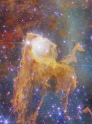 Ein "Geist" im Carina-Nebel, aufgenommen von den Weltraumteleskopen Chandra und James Webb. (Credits: X-ray: NASA / CXC / SAO; Optical: CTIO / NOIRLab / NSF / AURA / N.Smith(Univ of Minnesota); Infrared: NASA / ESA / CSA / STScI; Image Processing: NASA / CXC / SAO / L. Frattare)